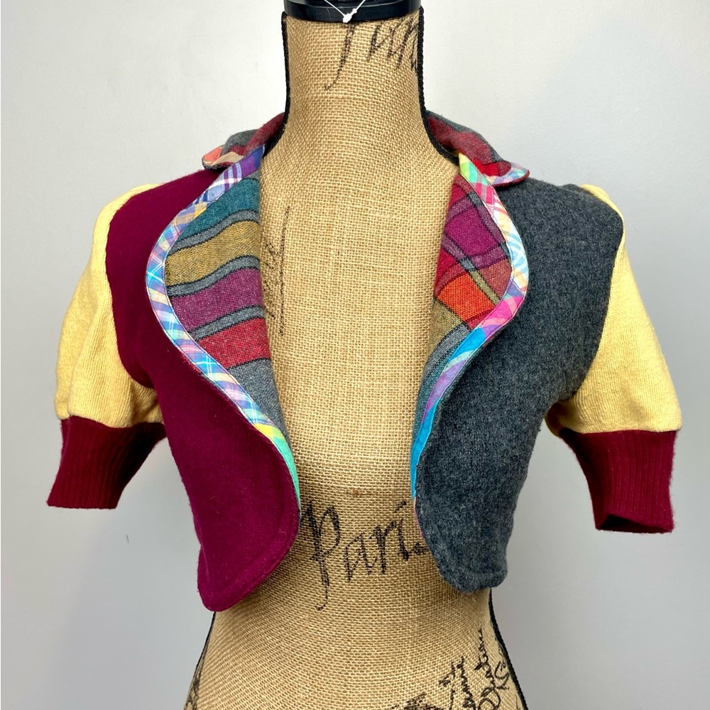 Adhesif Clothing Co shrug cardi up cycled material S/ M multi colour patchwork